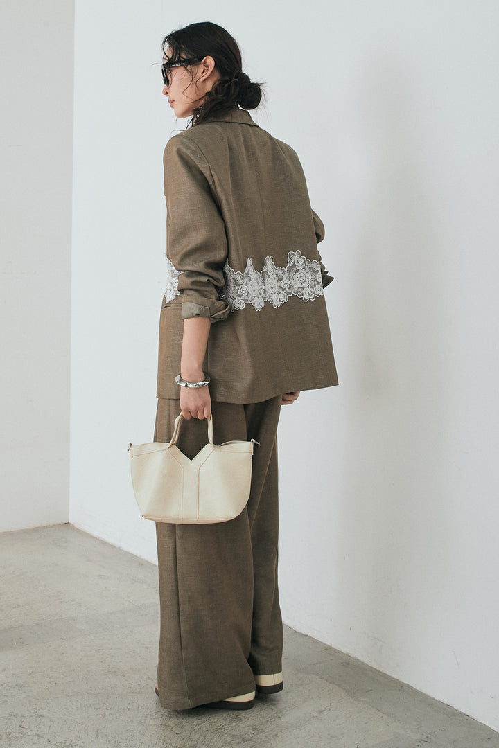 [SET]リネンタッチレースデザインジャケット+リネンタッチ細ベルト付きワイドパンツ(2set)