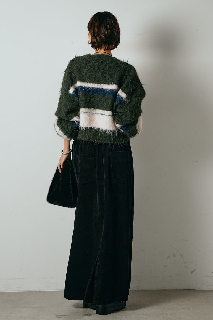 [SET]起毛配色マルチボーダーニットトップス+ポーチベルト付きコーデュロイワイドスカート(2set)