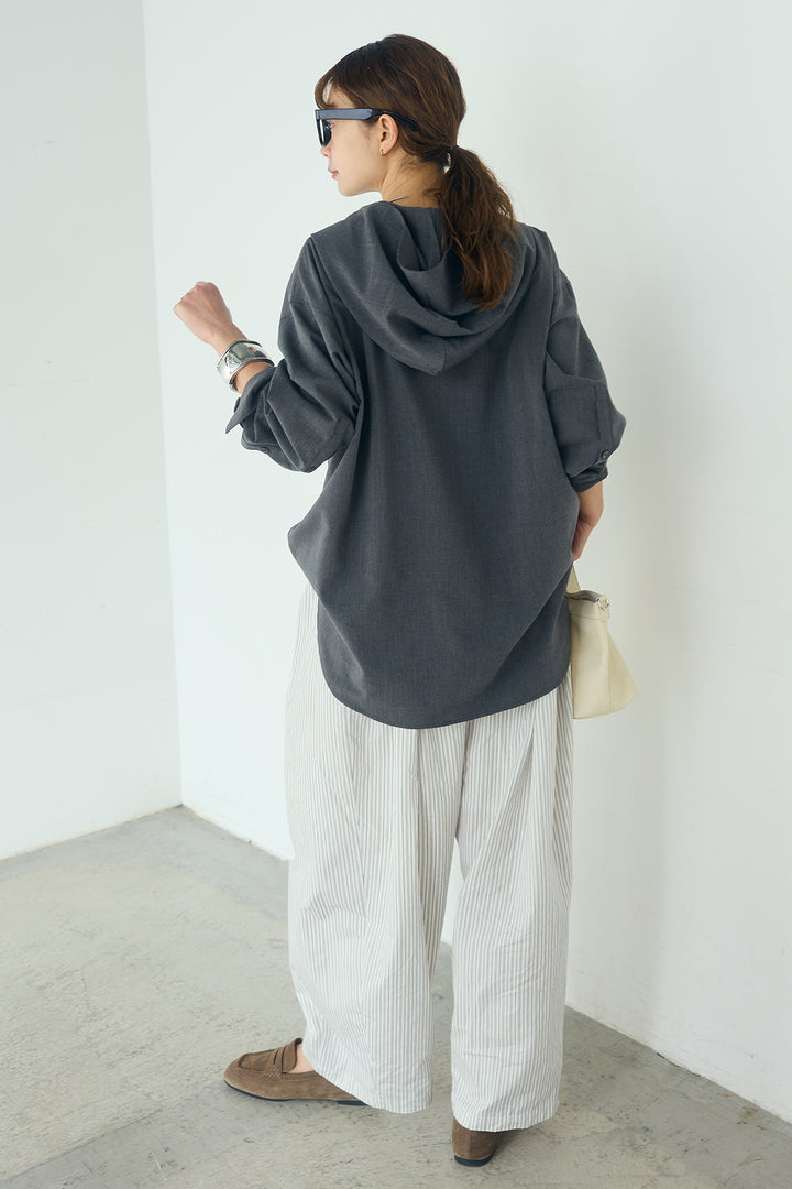 [SET]無地タイ付フーディーBIGシャツ+ランダムストライプタックギャザーパンツ(2set)