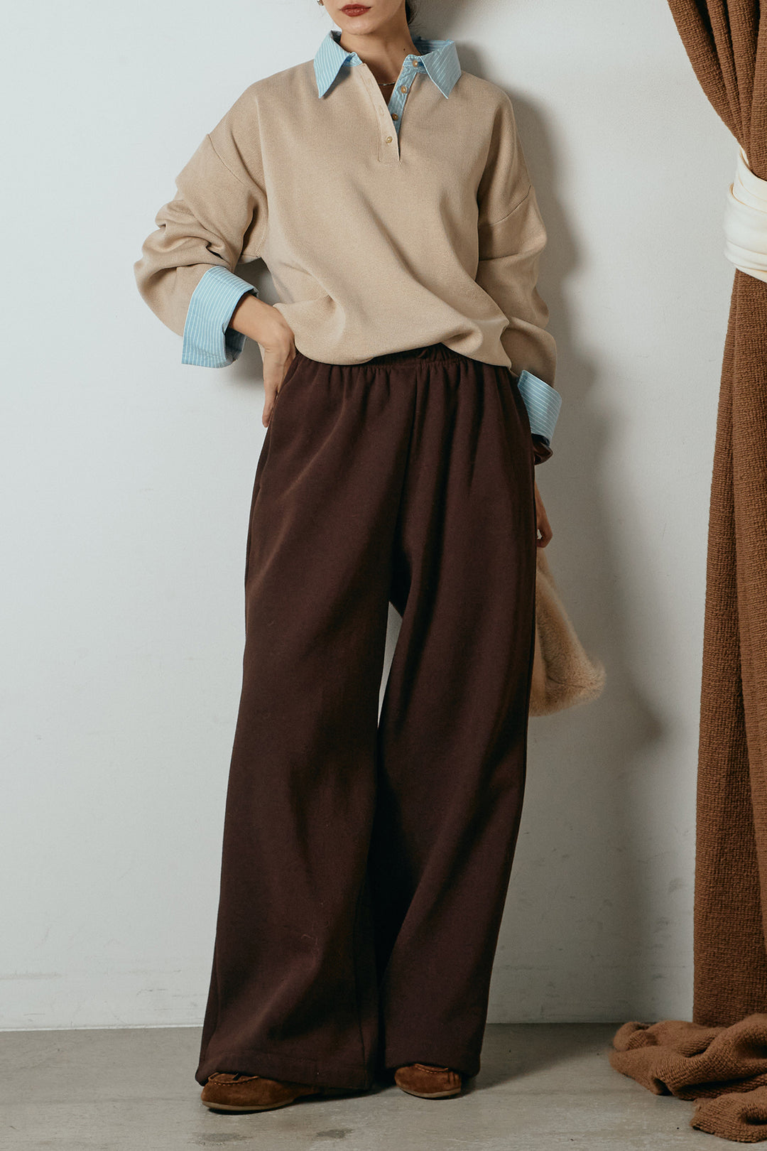 [SET]ストライプシャツドッキングポロトップス+裏起毛スウェットワイドパンツ(2set)