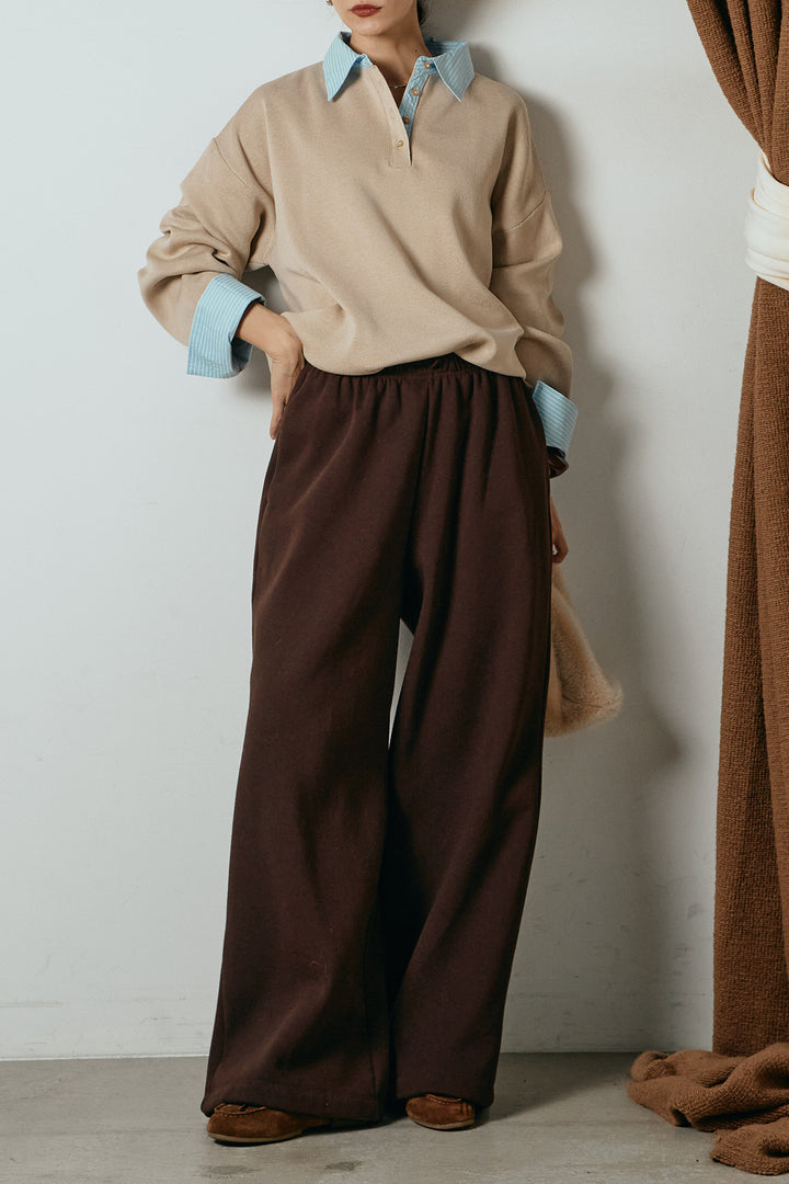 [SET]ストライプシャツドッキングポロトップス+裏起毛スウェットワイドパンツ(2set)