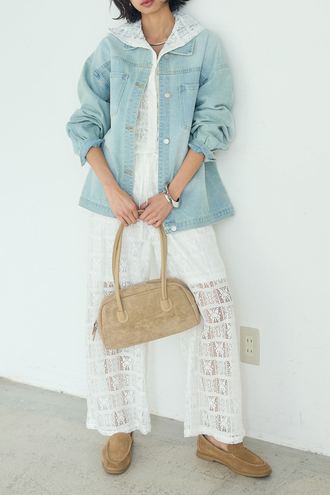 [SET]デニムオーバーサイズジャケット+パッチワークレースイージーパンツ+パッチワークレースショート丈フードシャツ(3set)