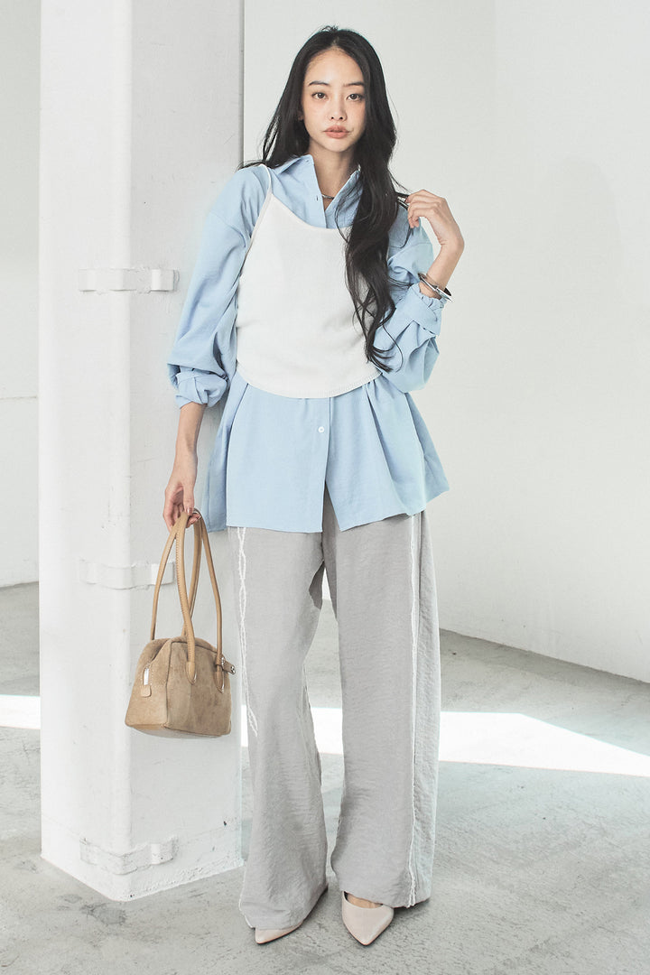 [SET]ニットキャミ付きシャツ+刺繡テープラインパンツ(2set)