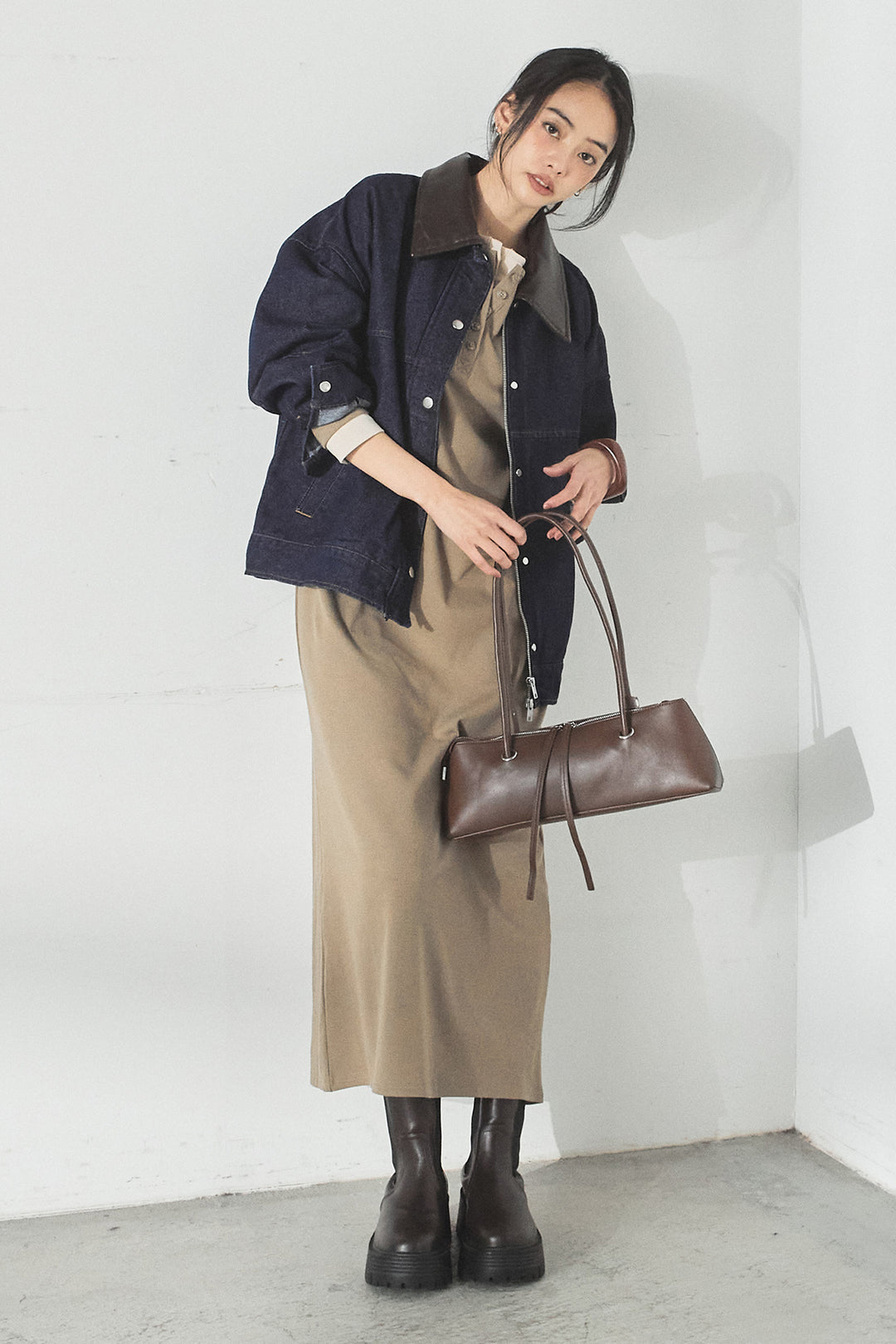 [SET]加工デニムレザー襟付きデニムブルゾン+カットリブレイヤードヘンリーネックワンピース(2set)