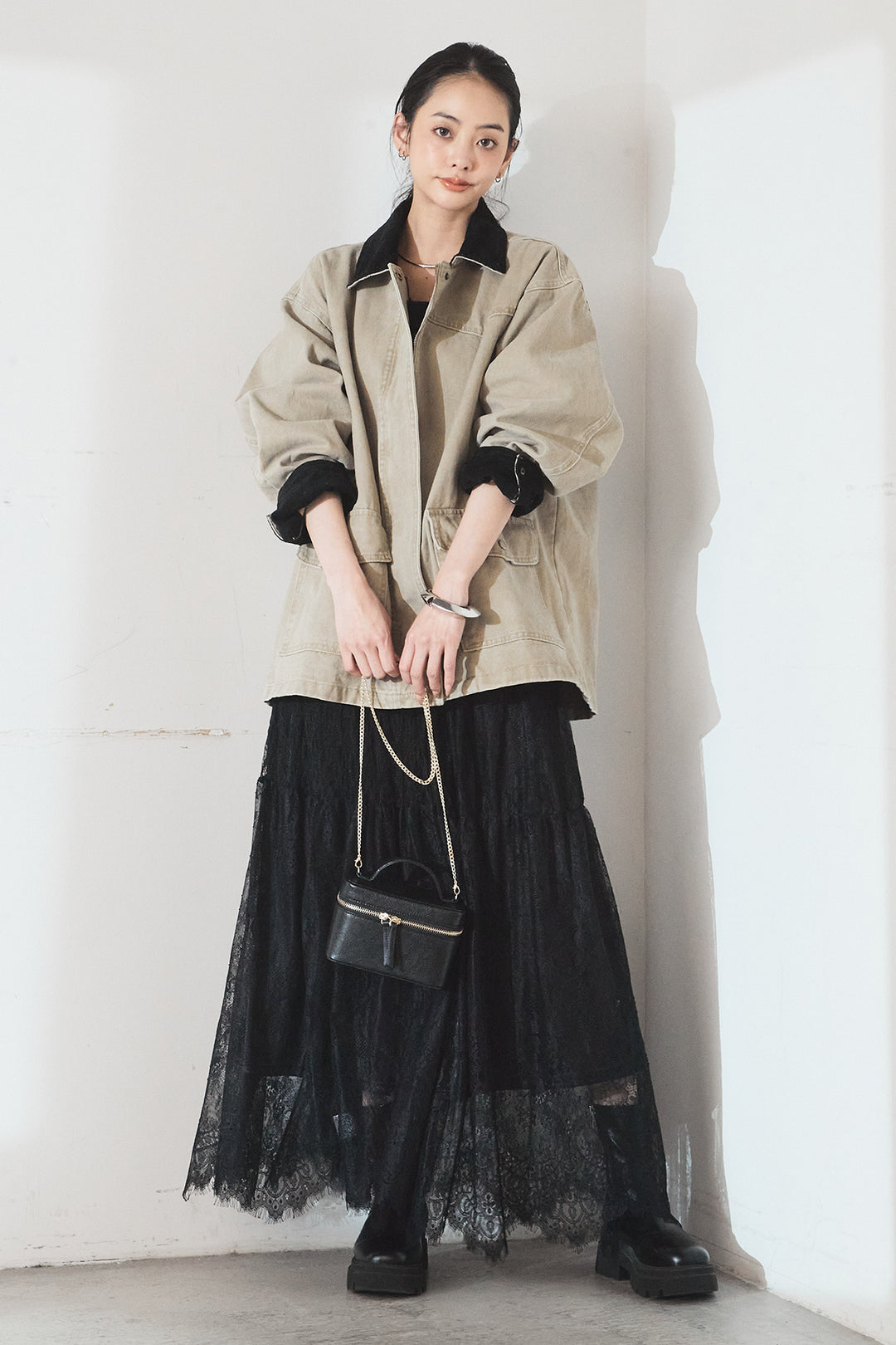 [SET]襟コーデュロイデザインデニム調カバーオール+ひげレース切替ロング丈スカート(2set)