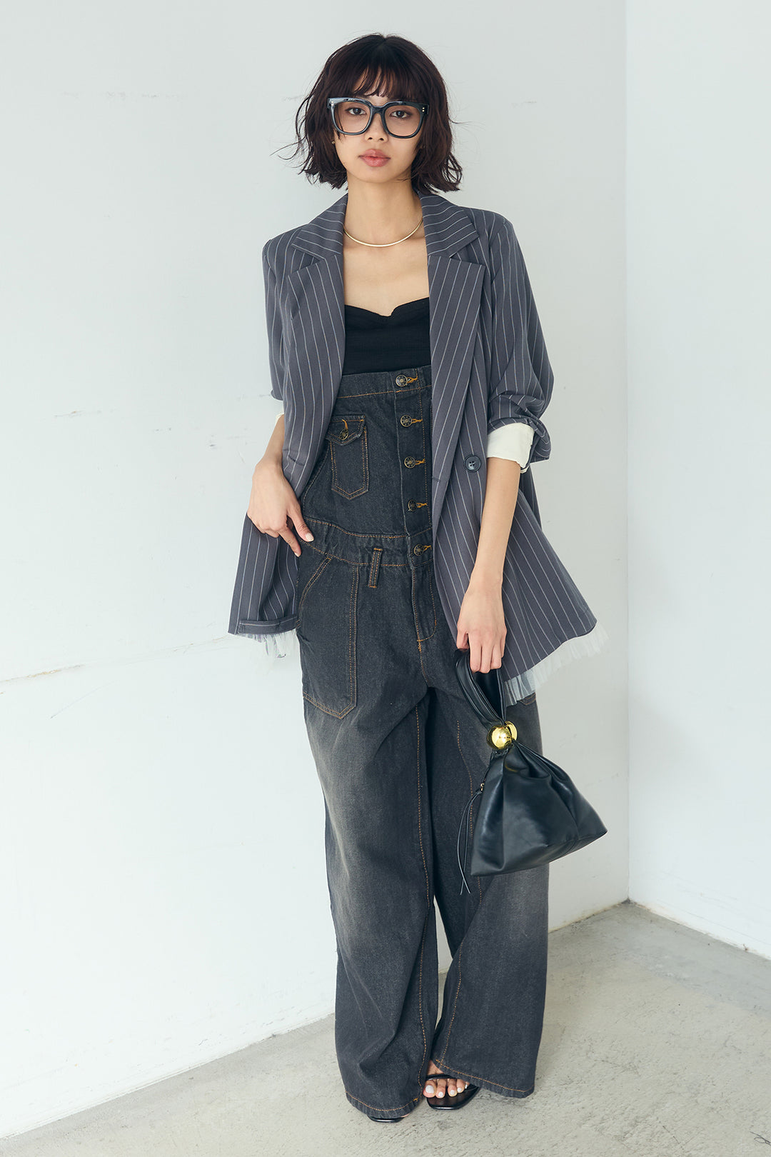 [SET]裾フリルダブルジャケット+デニムサロペットワイドパンツ(2set)