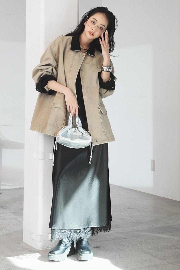 [SET]襟コーデュロイデザインデニム調カバーオール+裾レースデザインサテンスカート(2set)