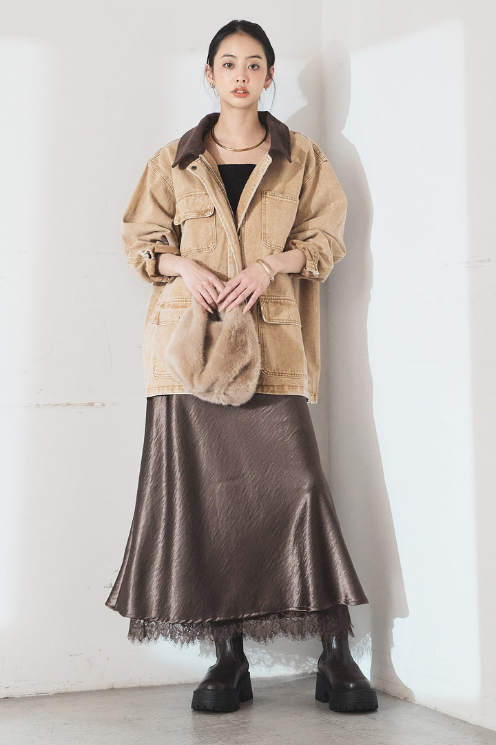 [SET]襟コーデュロイジップデニム調カバーオール+裾レースデザインサテンスカート(2set)