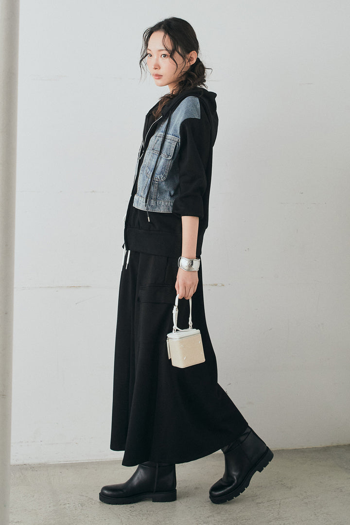 [SET]デニム切替ポンチダブルジップパーカー+リラックススウェットスカート(2set)