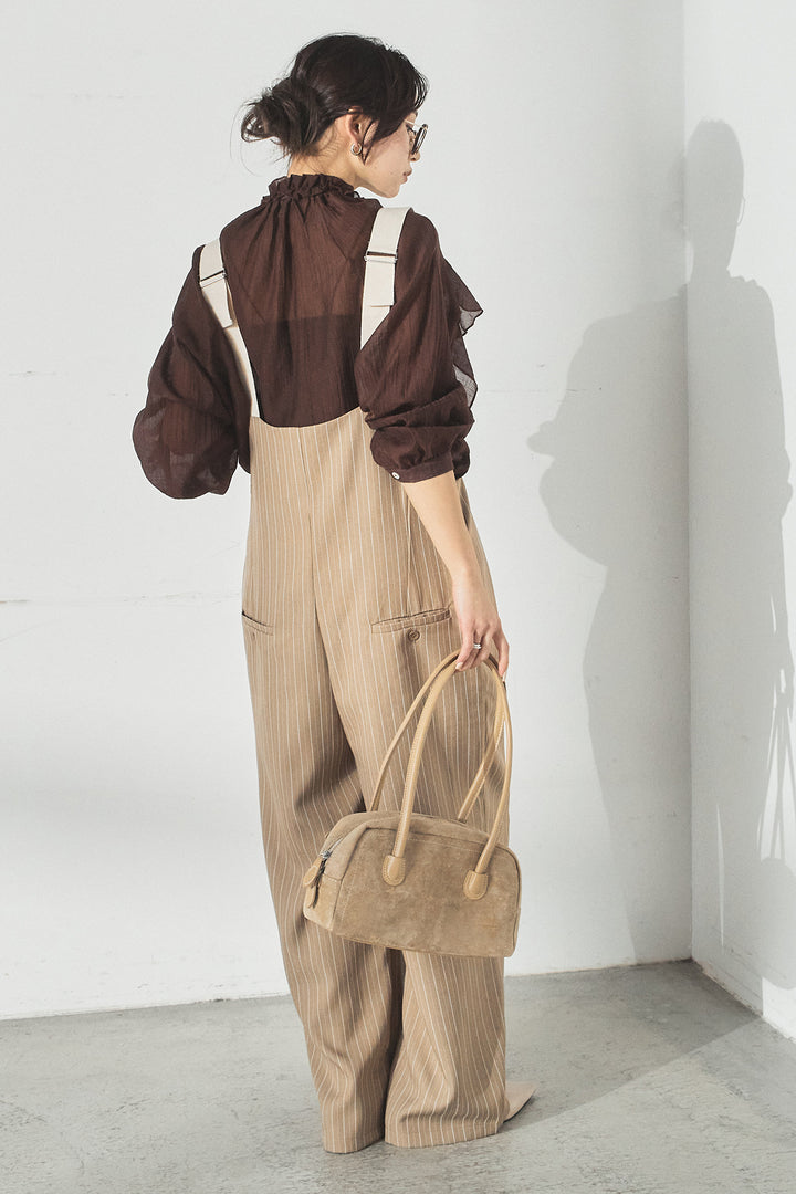 [SET]フロントリボンフリルブラウス+ピンストライプツータックサロペット(2set)