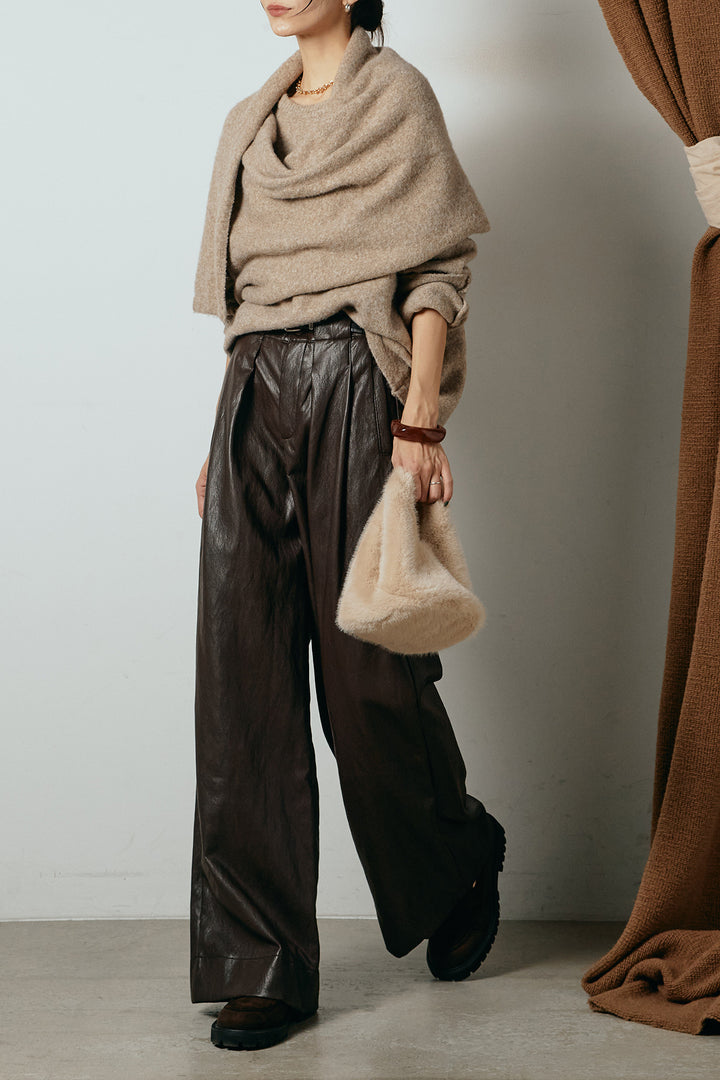 [SET]ネック巻きデザインニットトップス+ベルト付きレザーライクタックパンツ(2set)