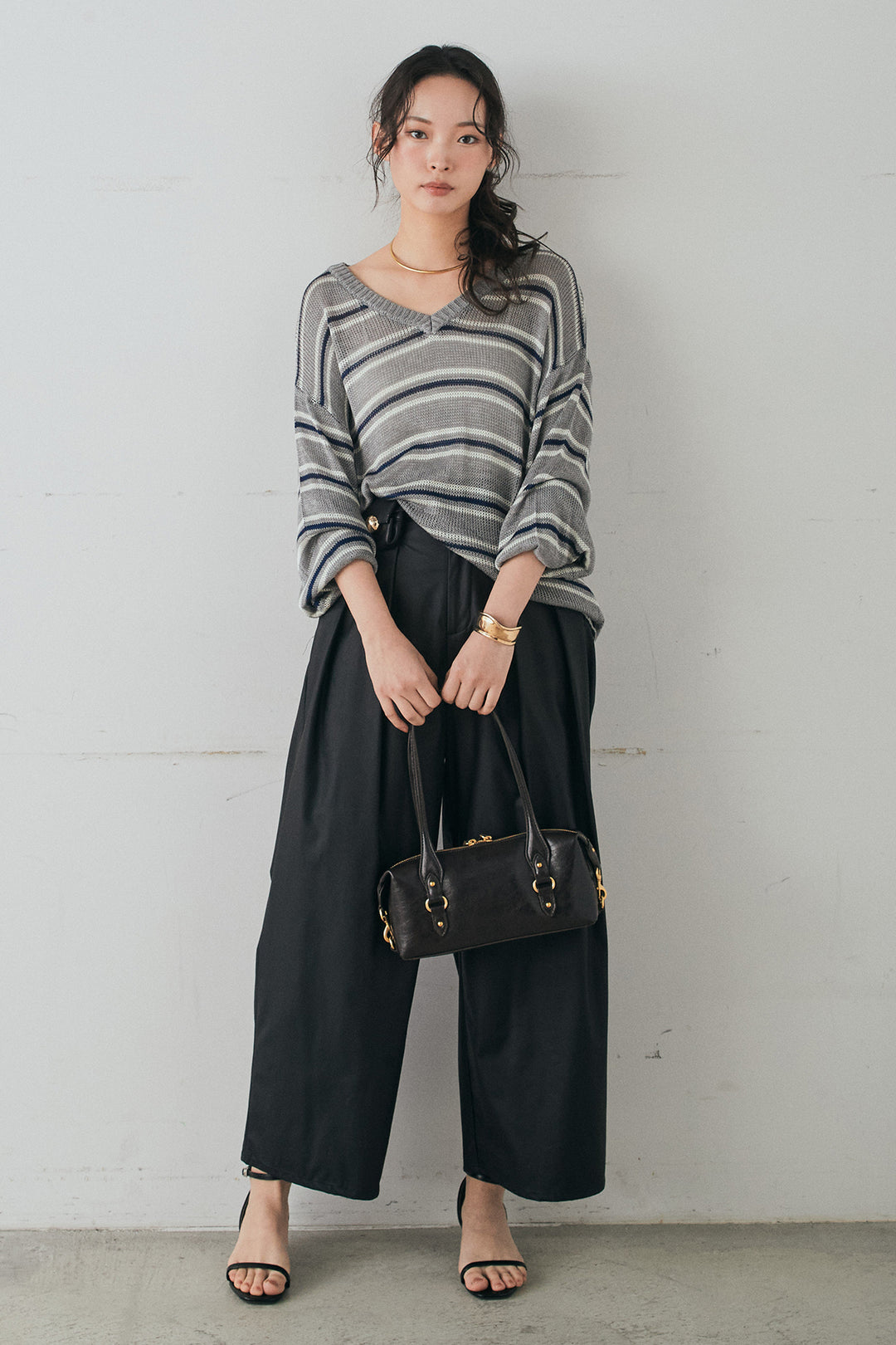 [SET]綿タッチVネックボーダートップス+ウォッシャブルエコレザータックパンツ(2set)