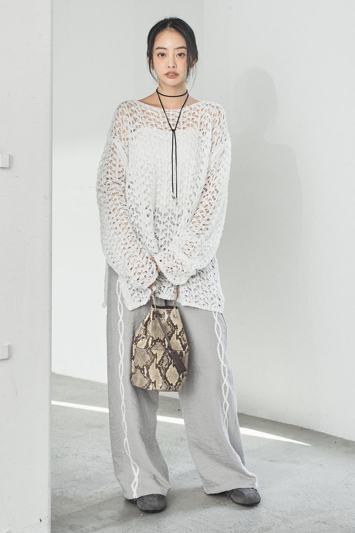 [SET]リラックスメッシュニットトップス+刺繡テープラインパンツ(2set)