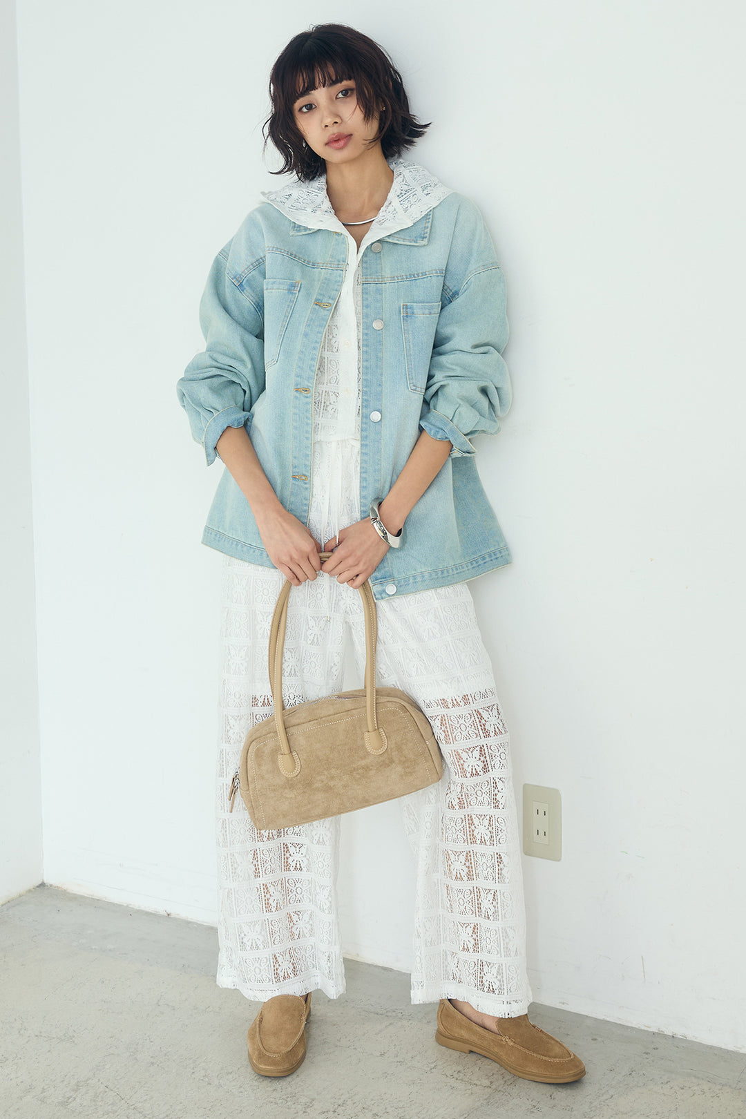 [SET]パッチワークレースショート丈フードシャツ+パッチワークレースイージーパンツ(2set)