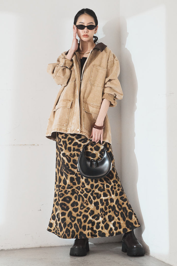 [SET]襟コーデュロイジップデニム調カバーオール+レオパードサテンナロースカート(2set)