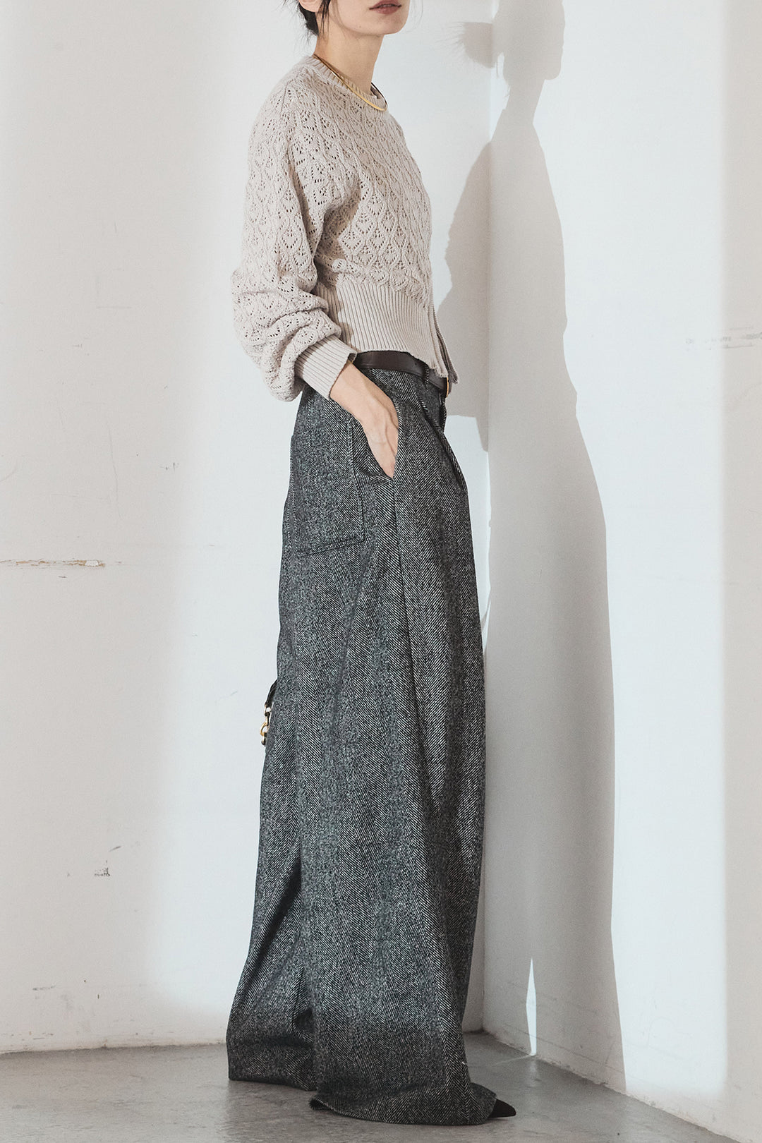 [SET]透かし編みニットジップスリットプルオーバー+タックツイードワイドパンツ(2set)