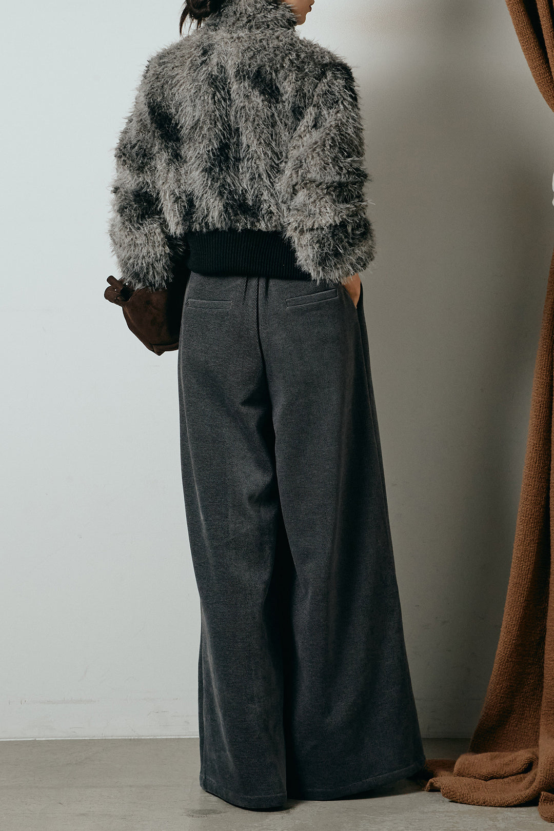 [SET]エコファースタンドカラーニュアンス柄ブルゾン+ベルトループコーデュロイワイドパンツ(2set)