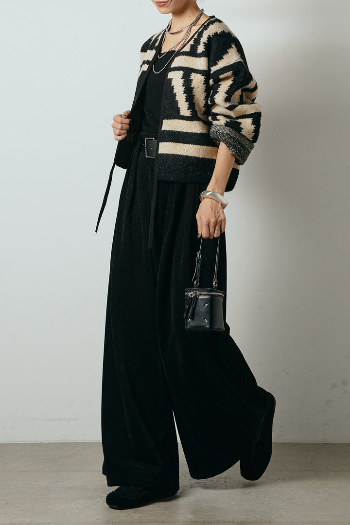 [SET]ノーカラー幾何学模様アウター+ベルトループコーデュロイワイドパンツ(2set)