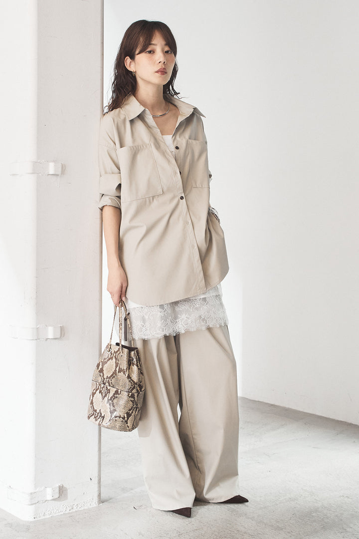 [SET]ウォッシャブルエコレザービックカフスシャツ+ウォッシャブルエコレザータックパンツ(2set)