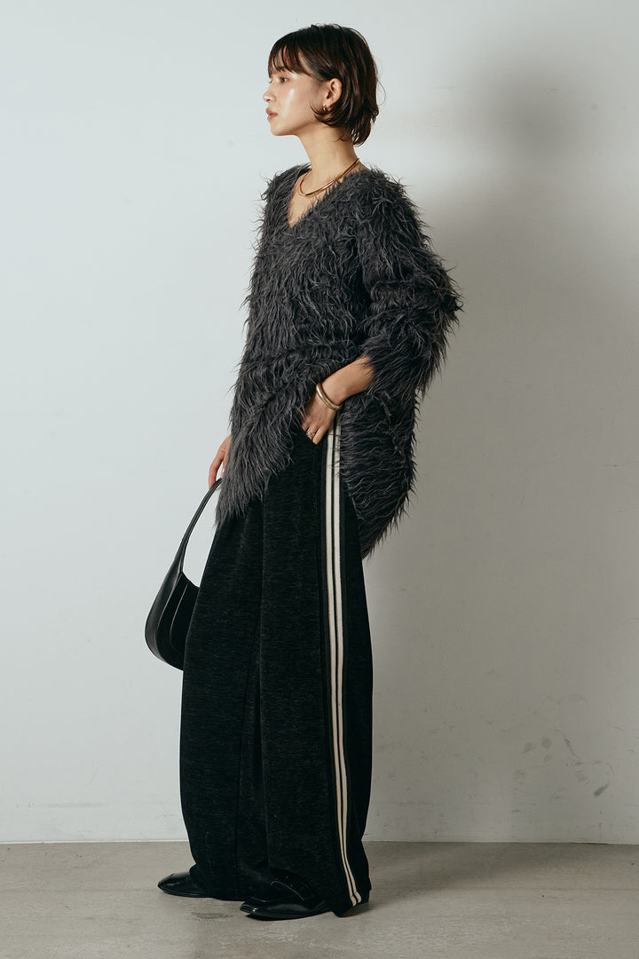 [SET]深Vネックシャギーニットトップス+リラックスサイドラインベロアワイドパンツ(2set)