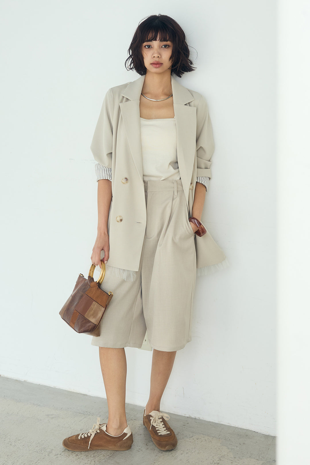 [SET]裾フリルダブルジャケット+ツイルタックハーフパンツ(2set)