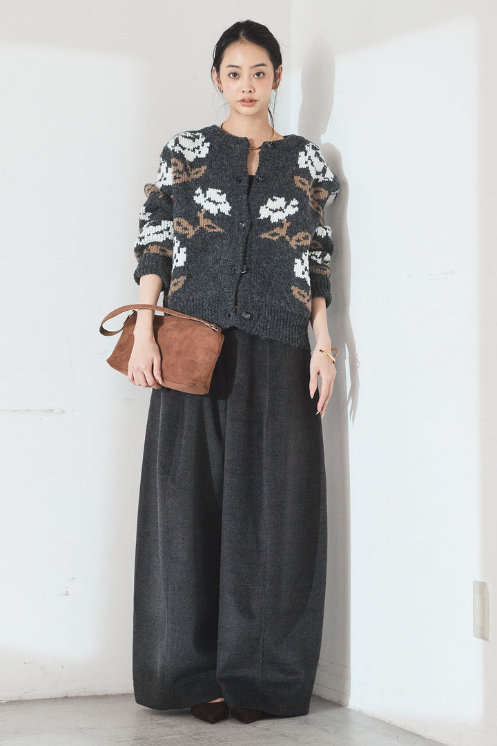[SET]花柄ジャガードニットカーディガン+ウールタッチカーブワイドパンツ(2set)