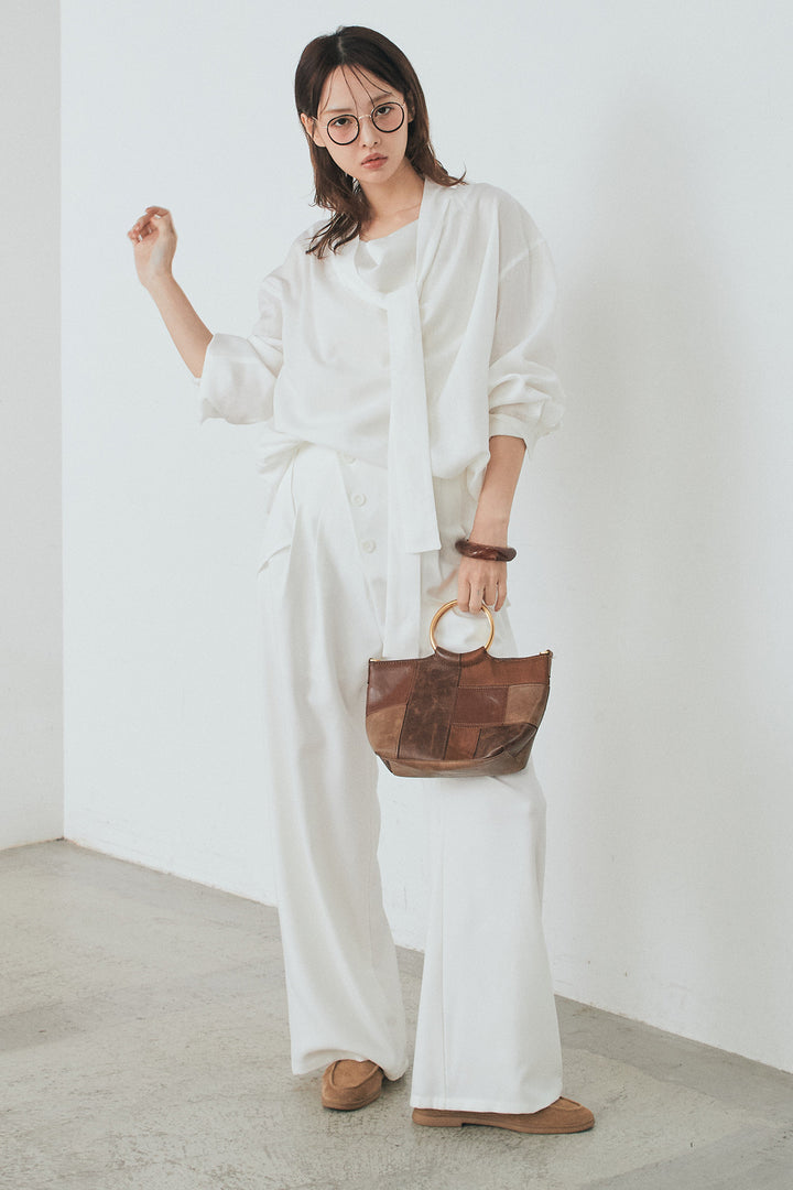 [SET]ニュアンスボータイブラウス+斜めボタンタック入りスラックス(2set)