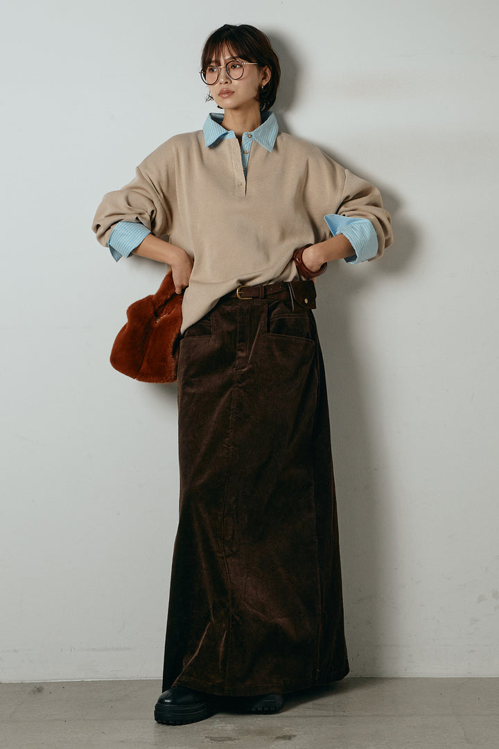 [SET]ストライプシャツドッキングポロトップス+ポーチベルト付きコーデュロイワイドスカート(2set)