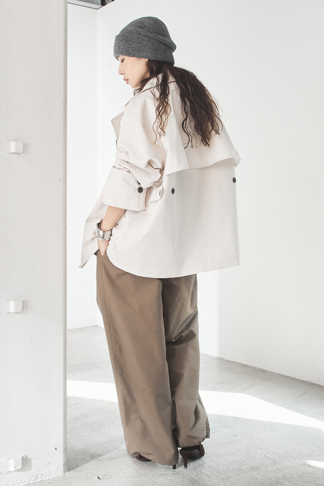 [SET]ナイロントレンチコート+合繊ツイルスタンドウエスト巻きジョガーパンツ(2set)