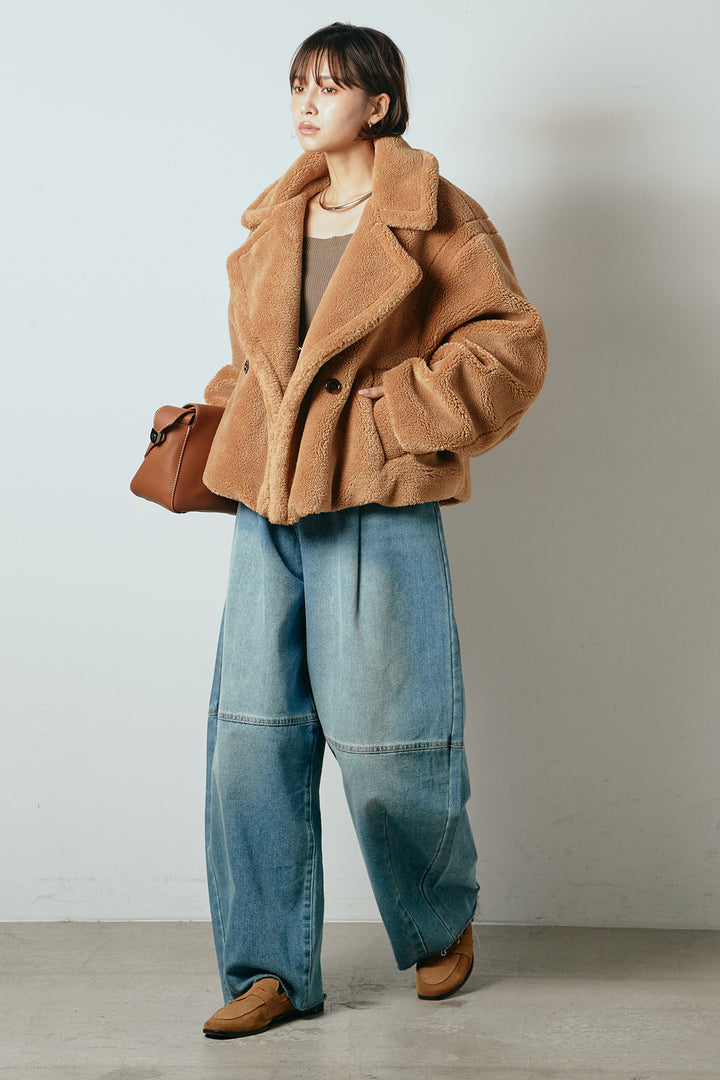 【2月中旬発送】
[SET]テディボアショートジャケット+加工デニムタックコクーンワイドパンツ(2set)