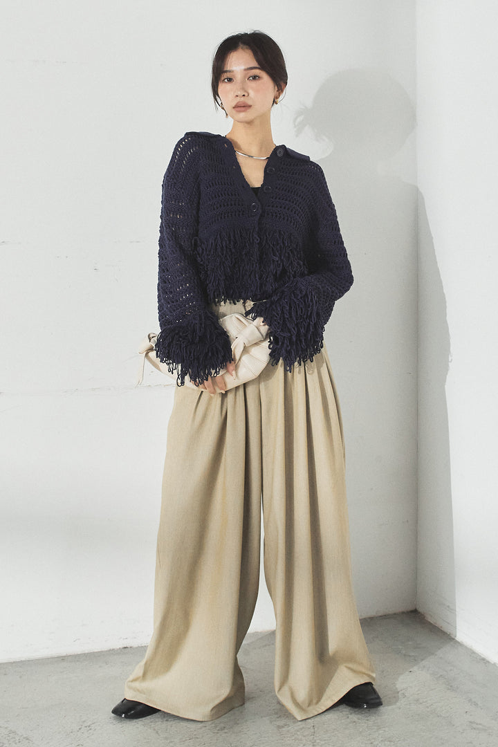 [SET]メッシュフリンジカーディガン+編みベルト付きウエストタックワイドパンツ(2set)