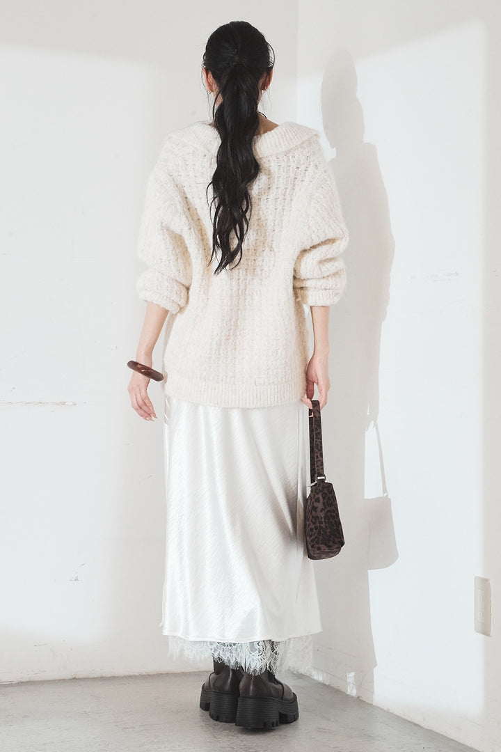 [SET]襟付きVネックニットトップス+裾レースデザインサテンスカート(2set)