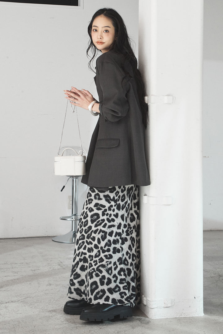 [SET]ルーズシルエットダブルテーラードジャケット+ストレッチロングTシャツ+レオパードサテンナロースカート(3set)