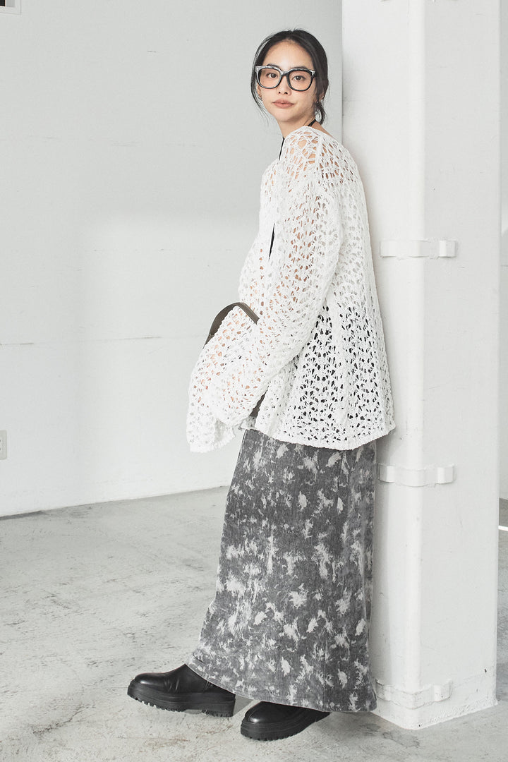 [SET]リラックスメッシュニットトップス+タイダイ柄ベロアワイドスカート(2set)