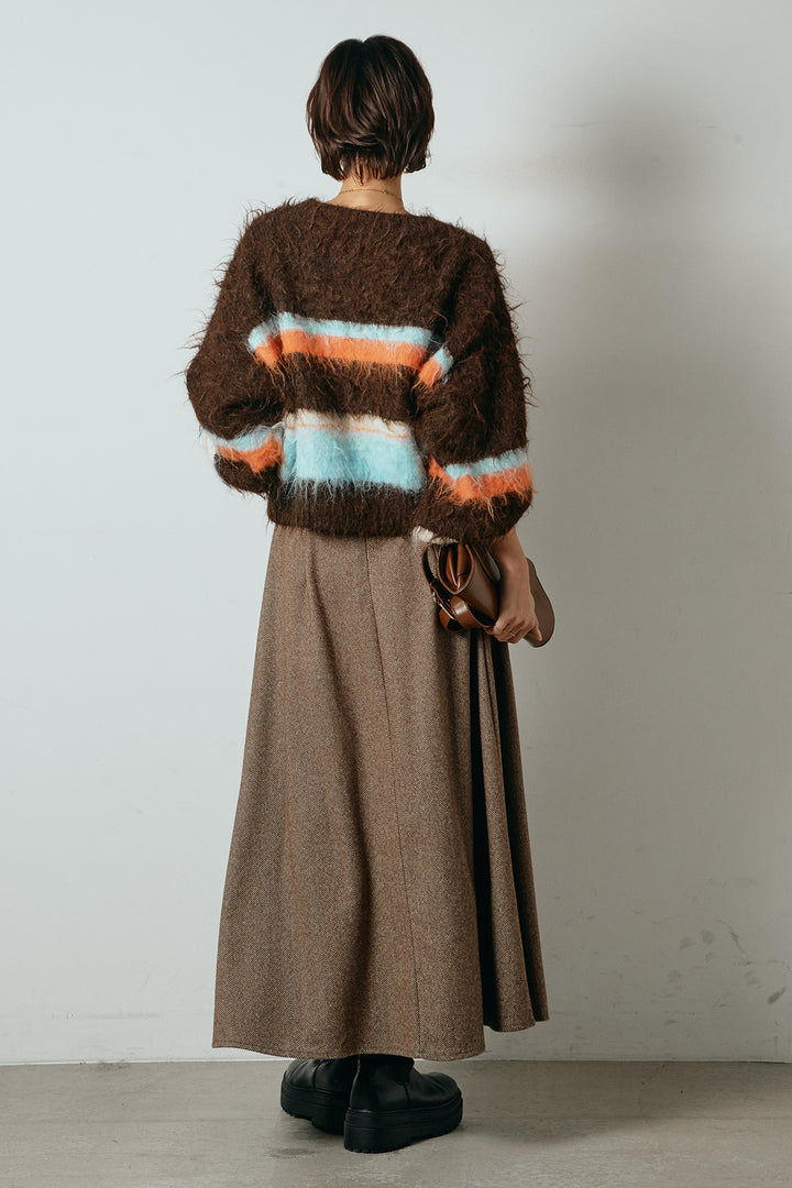 [SET]起毛配色マルチボーダーニットトップス+太ベルト付きヘリンボーンプリーツスカート(2set)