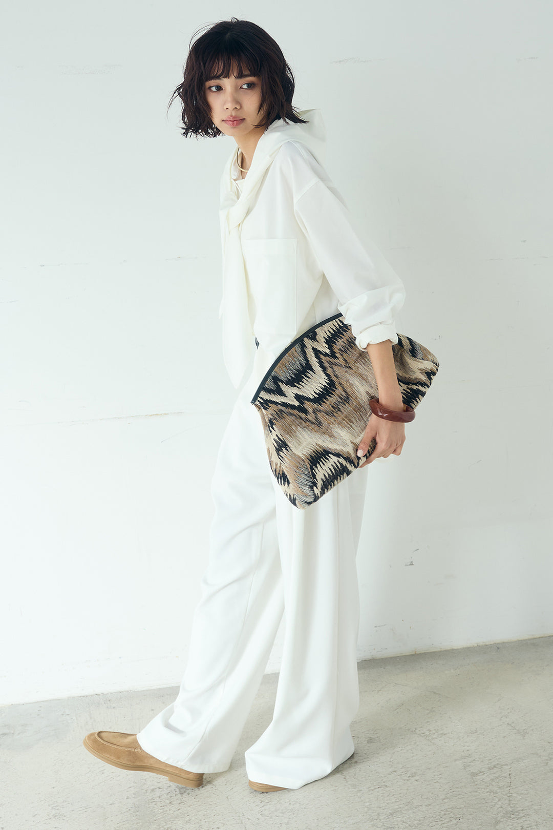 [SET]無地タイ付フーディーBIGシャツ+サイドベルトタック入りスラックス(2set)