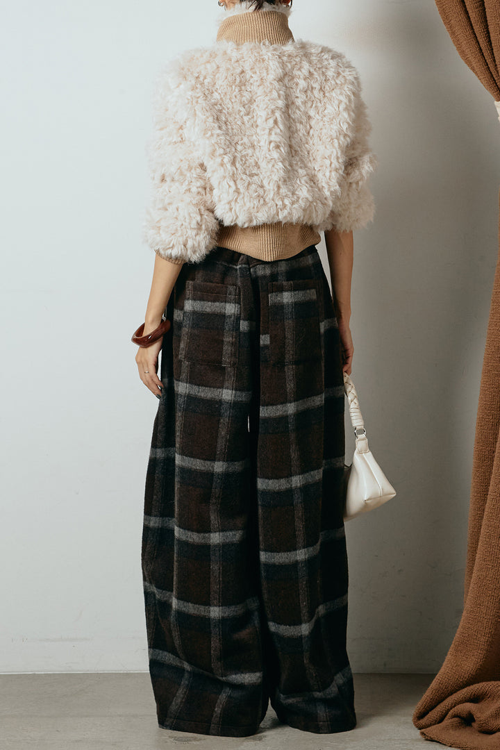 [SET]ハイネックショート丈ボアジップブルゾン+起毛タータンチェック柄ワイドパンツ(2set)