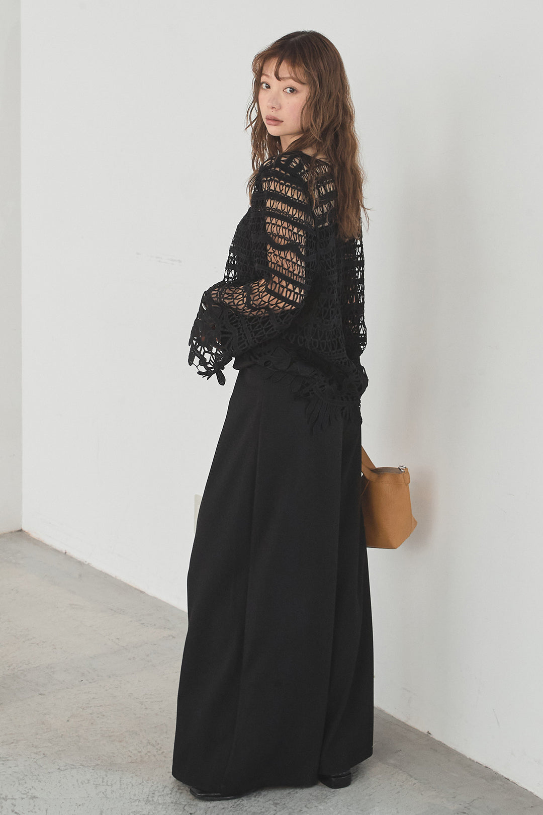 [SET]裾デザインメッシュプルオーバー+ベルト付きツータックワイドパンツ(2set)