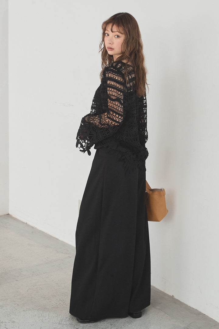 [SET]裾デザインメッシュプルオーバー+ベルト付きツータックワイドパンツ(2set)