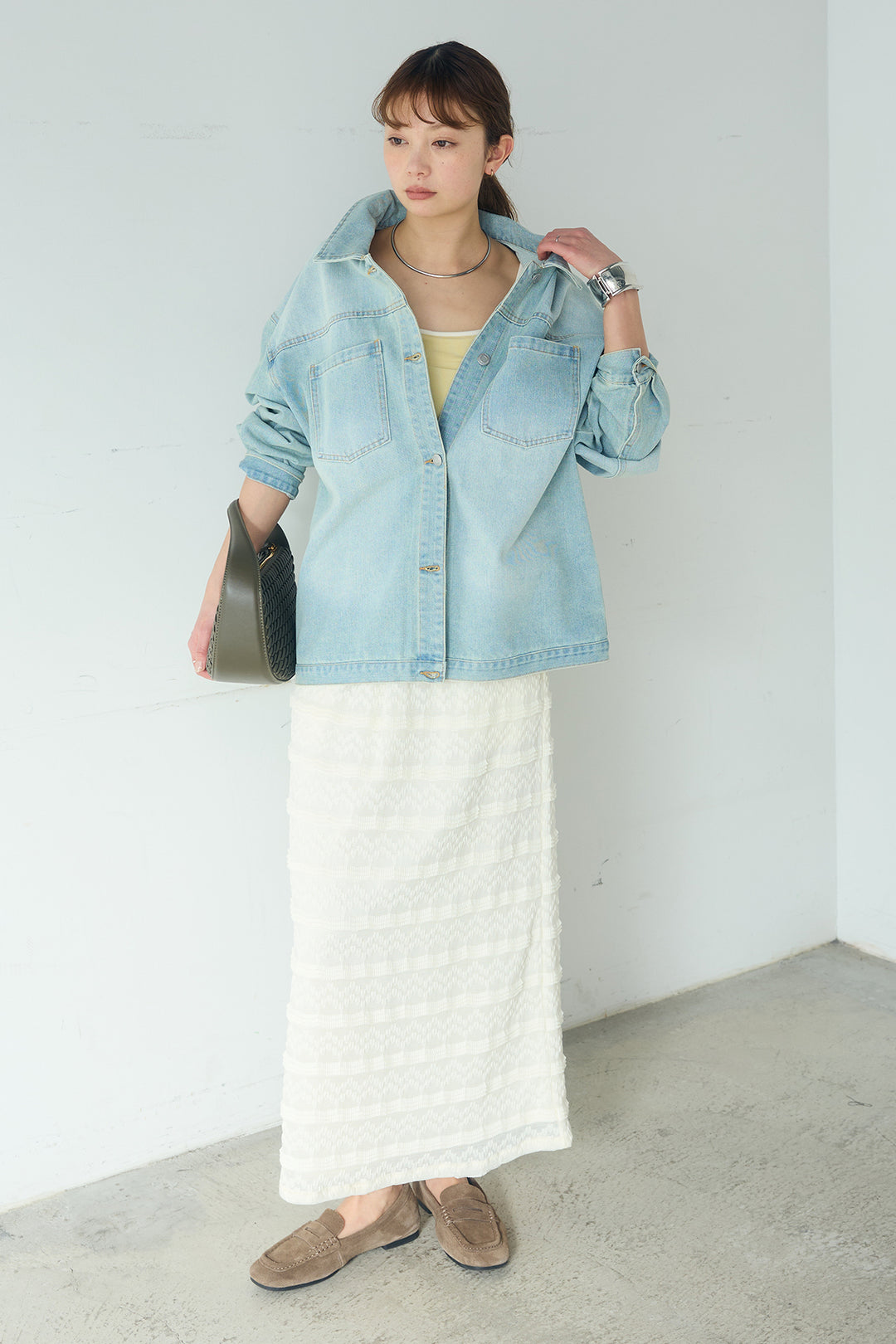[SET]デニムオーバーサイズジャケット+ジャガードカットソータイトスカート(2set)