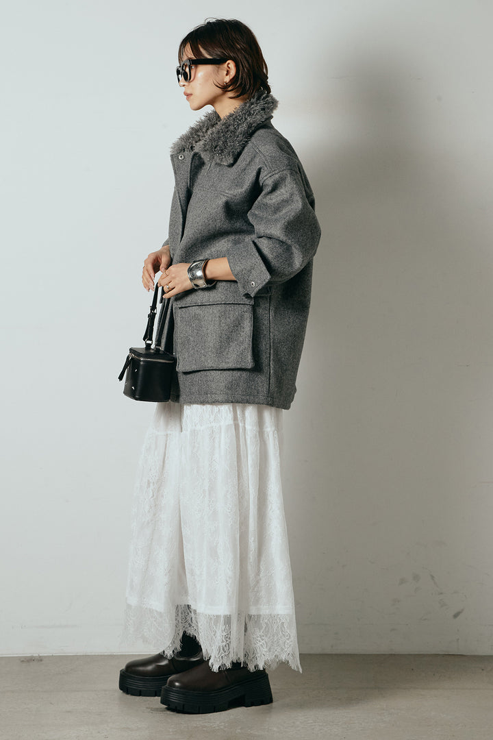 [SET]エコウール衿ファー薄中綿入りミドルカバーオール+ひげレース切替ロング丈スカート(2set)