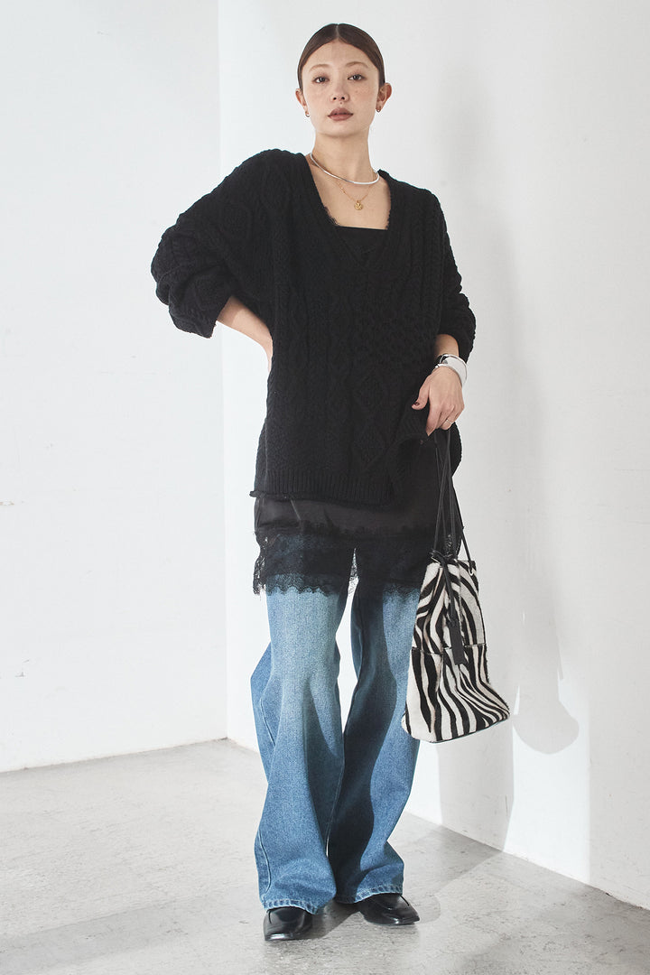 [SET]ケーブルVニットセーター+デニムサイドカットパンツ(2set)