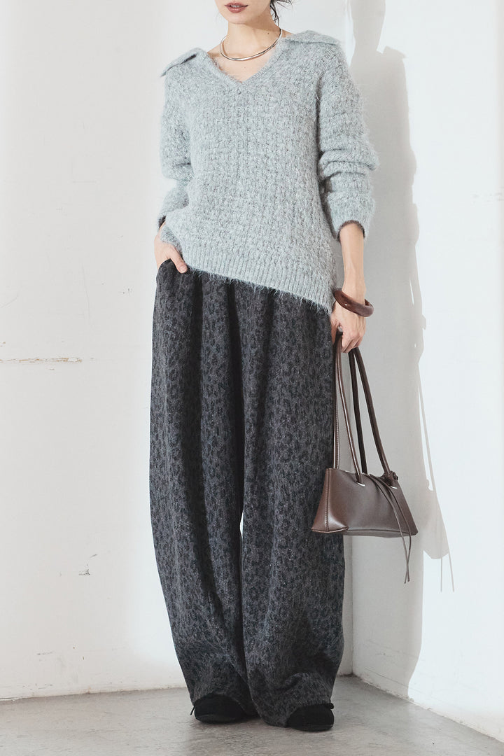 [SET]襟付きVネックニットトップス+リラックスレオパード柄ワイドパンツ(2set)