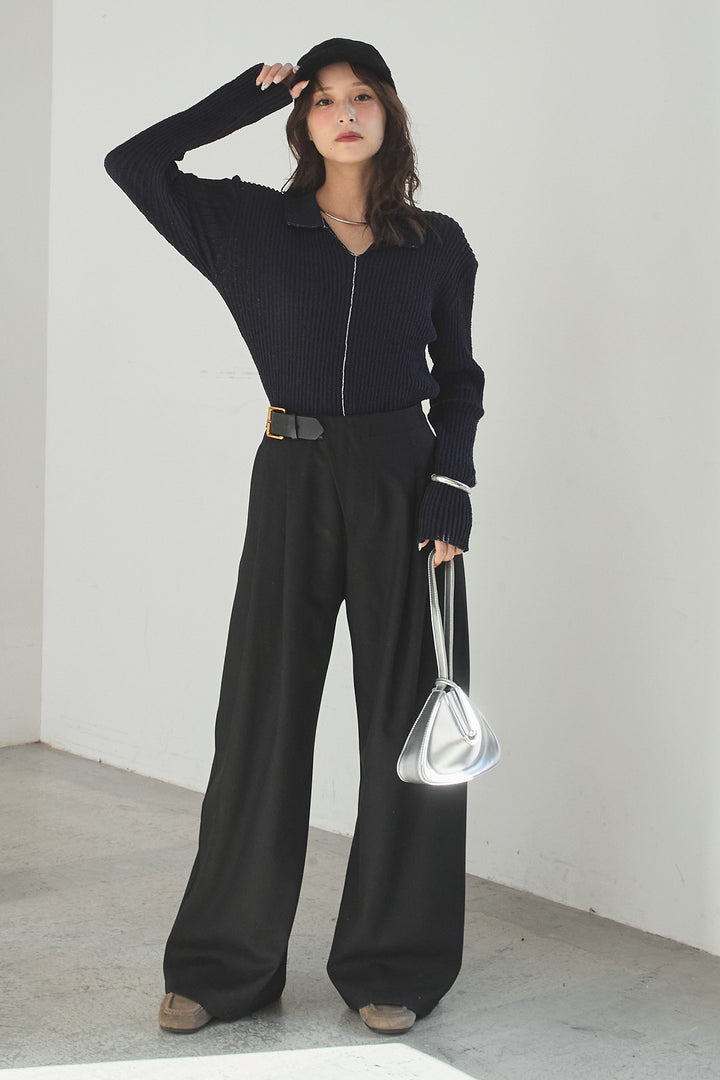 [SET]衿付きニットプルオーバー+サイドベルトタック入りスラックス(2set)