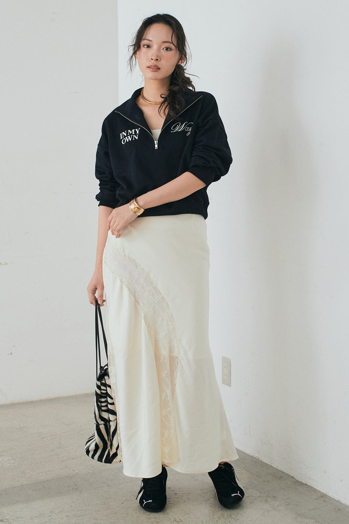 [SET]裏毛ロゴ刺繍ハーフZIPスウェット+刺繍レースデザインサテンスカート(2set)