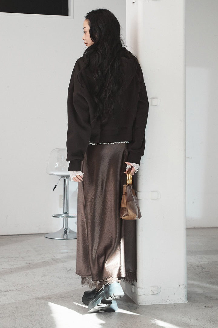 [SET]裏起毛レタリング刺繍フーディショートプルオーバー+ストレッチレースクルーネックインナー(2set)