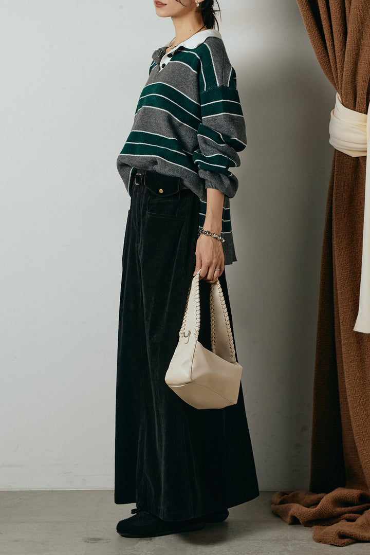 [SET]ラガーニットボーダーポロプルオーバー+ポーチベルト付きコーデュロイワイドスカート(2set)