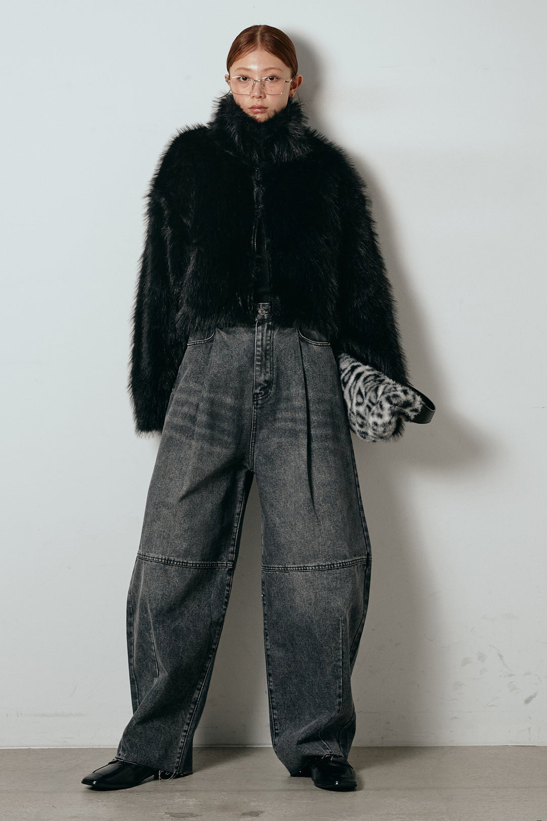 [SET]エコファーショート丈ブルゾン+加工デニムタックコクーンワイドパンツ(2set)