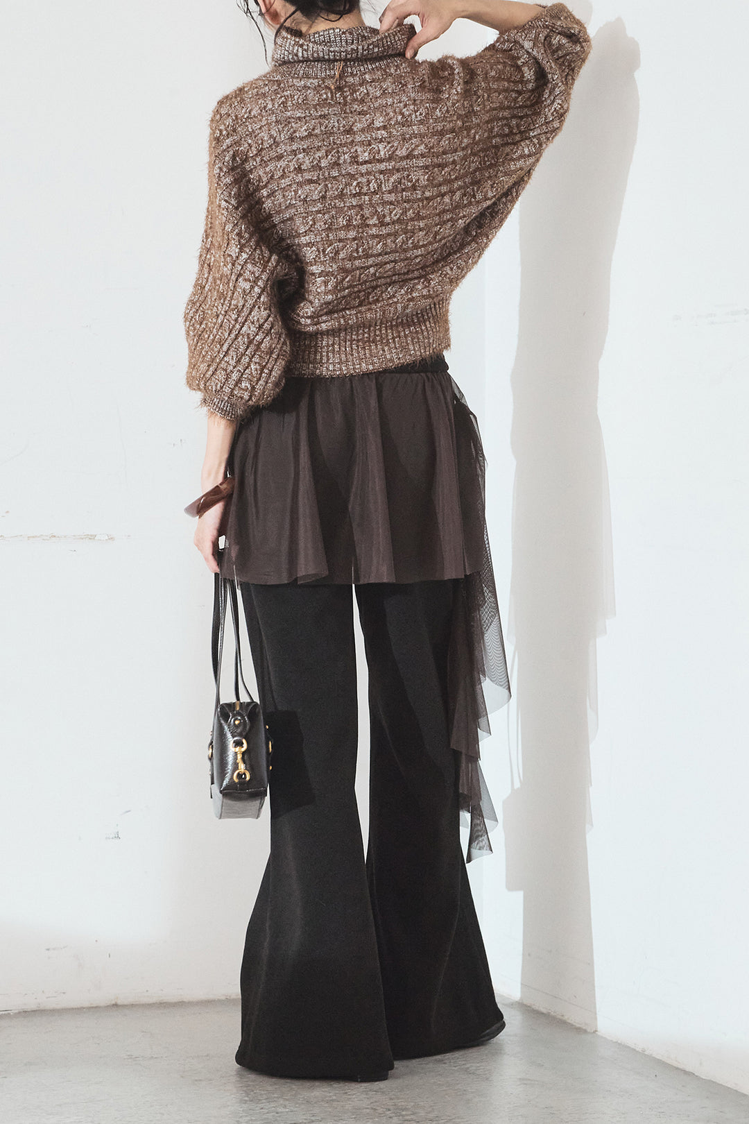 [SET]ミックス編みドルマンニットトップス+チュールレイヤードニットパンツ(2set)