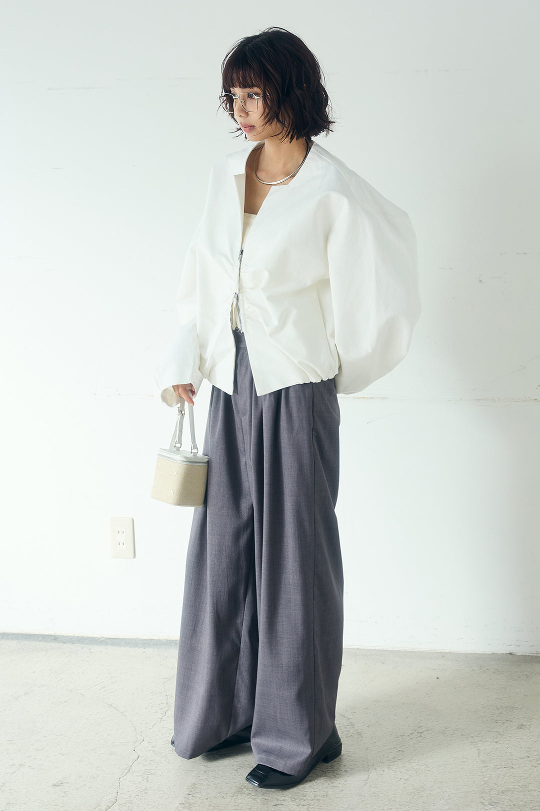 [SET]ノーカラーフロントギャザージップアウター+ツイルメニータックパンツ(2set)